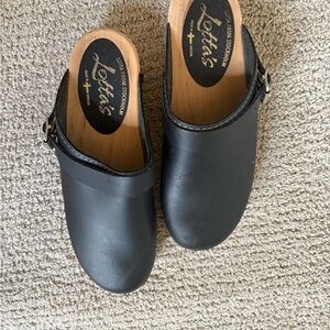 Lotta's from Stockholm Black Leather Clogs, size US 9/EU 40